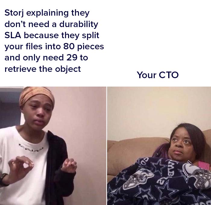 Woman explaining to mother meme. Woman is trying to explain and says: 'Storj explaining they don't need a durability SLA because they split your files into 80 pieces and only need 29 to retrieve the object.' Mom, titled CTO, looks back confused.